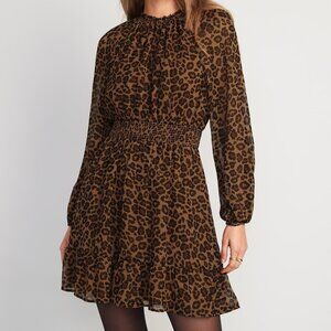 Old Navy Waist Defined Printed Smocked Mini Dress Animal Print Brown Size L